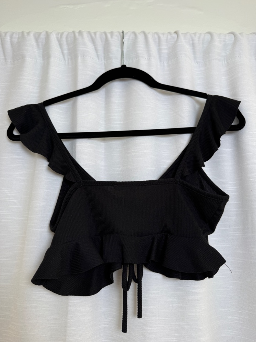 Forever 21 Black Ruffle Crop Top Flutter Sleeve Tie Front Ribbed Boho | Size M - Picture 8 of 10